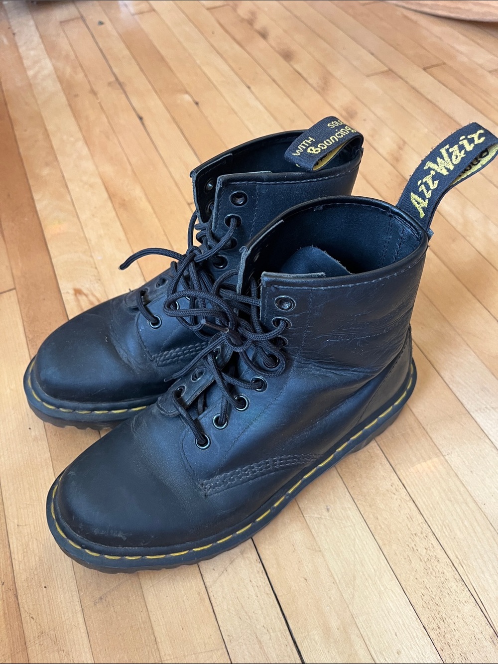 Dr. Doc Martens Black Leather 8-Eye Lace-Up Boots with Yellow Stitching